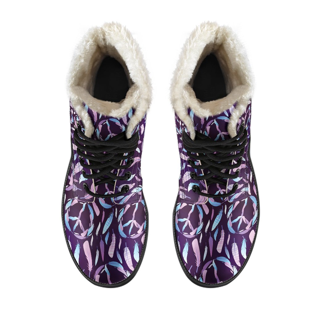 Peace Sign Feather Design Print Faux Fur Leather Boots-JTAMIGO.COM