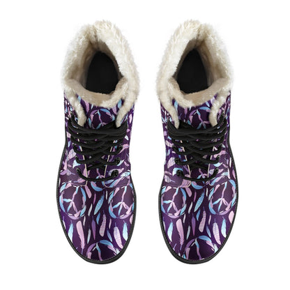 Peace Sign Feather Design Print Faux Fur Leather Boots-JTAMIGO.COM