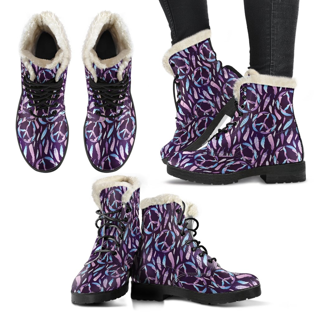 Peace Sign Feather Design Print Faux Fur Leather Boots-JTAMIGO.COM