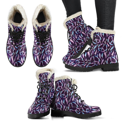 Peace Sign Feather Design Print Faux Fur Leather Boots-JTAMIGO.COM