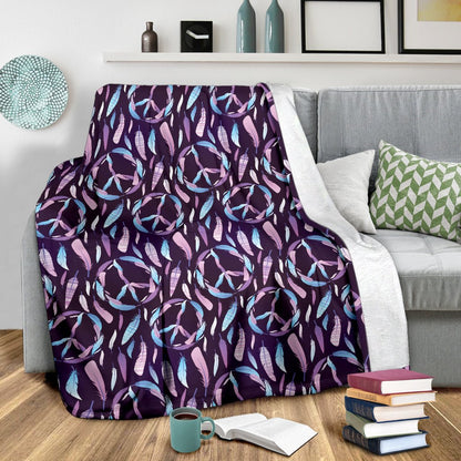 Peace Sign Feather Design Print Fleece Blanket