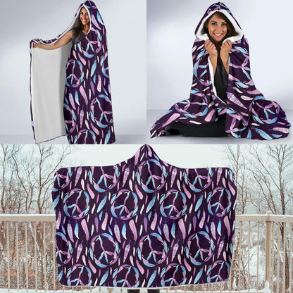 Peace Sign Feather Design Print Hooded Blanket-JTAMIGO.COM