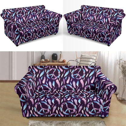 Peace Sign Feather Design Print Loveseat Slipcover-JTAMIGO.COM
