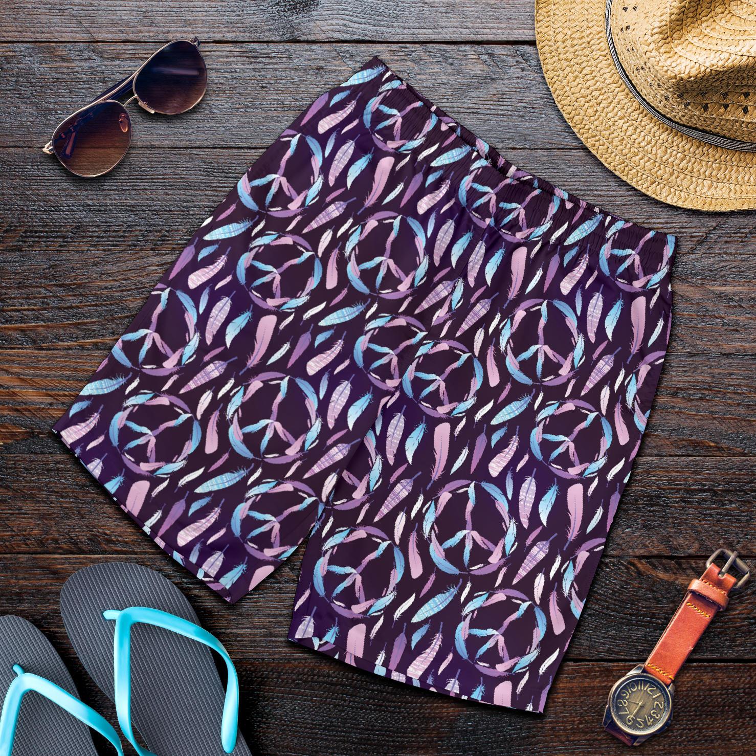 Peace Sign Feather Design Print Mens Shorts-JTAMIGO.COM