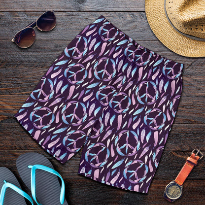 Peace Sign Feather Design Print Mens Shorts-JTAMIGO.COM