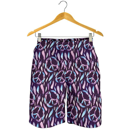 Peace Sign Feather Design Print Mens Shorts-JTAMIGO.COM