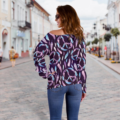 Peace Sign Feather Design Print Off Shoulder Sweatshirt
