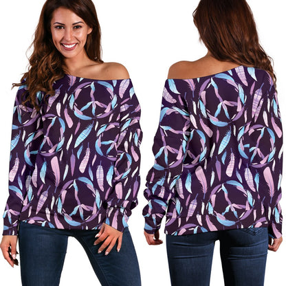 Peace Sign Feather Design Print Off Shoulder Sweatshirt