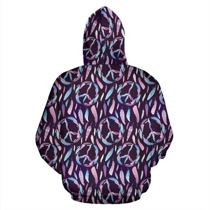Peace Sign Feather Design Print Pullover Hoodie