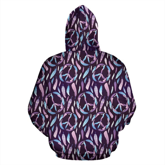 Peace Sign Feather Design Print Pullover Hoodie