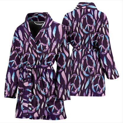 Peace Sign Feather Design Print Women Bath Robe-JTAMIGO.COM