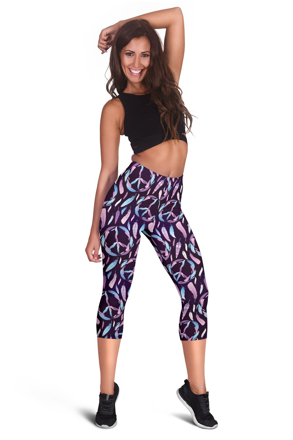 Peace Sign Feather Design Print Women Capris