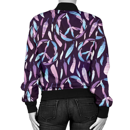 Peace Sign Feather Design Print Women Casual Bomber Jacket