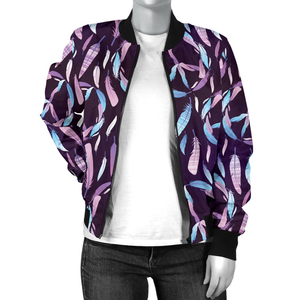 Peace Sign Feather Design Print Women Casual Bomber Jacket