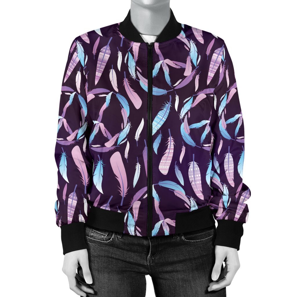 Peace Sign Feather Design Print Women Casual Bomber Jacket