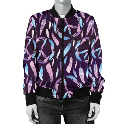 Peace Sign Feather Design Print Women Casual Bomber Jacket