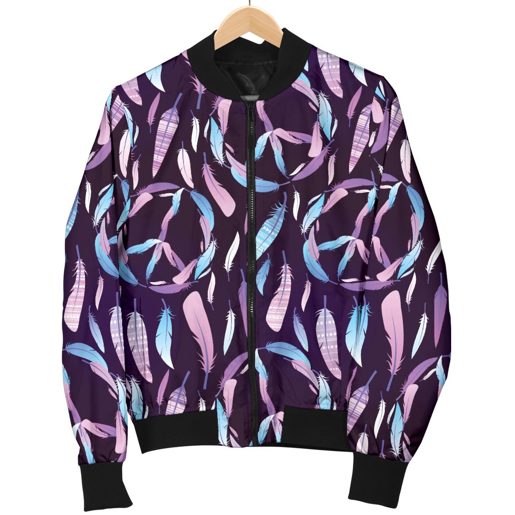 Peace Sign Feather Design Print Women Casual Bomber Jacket