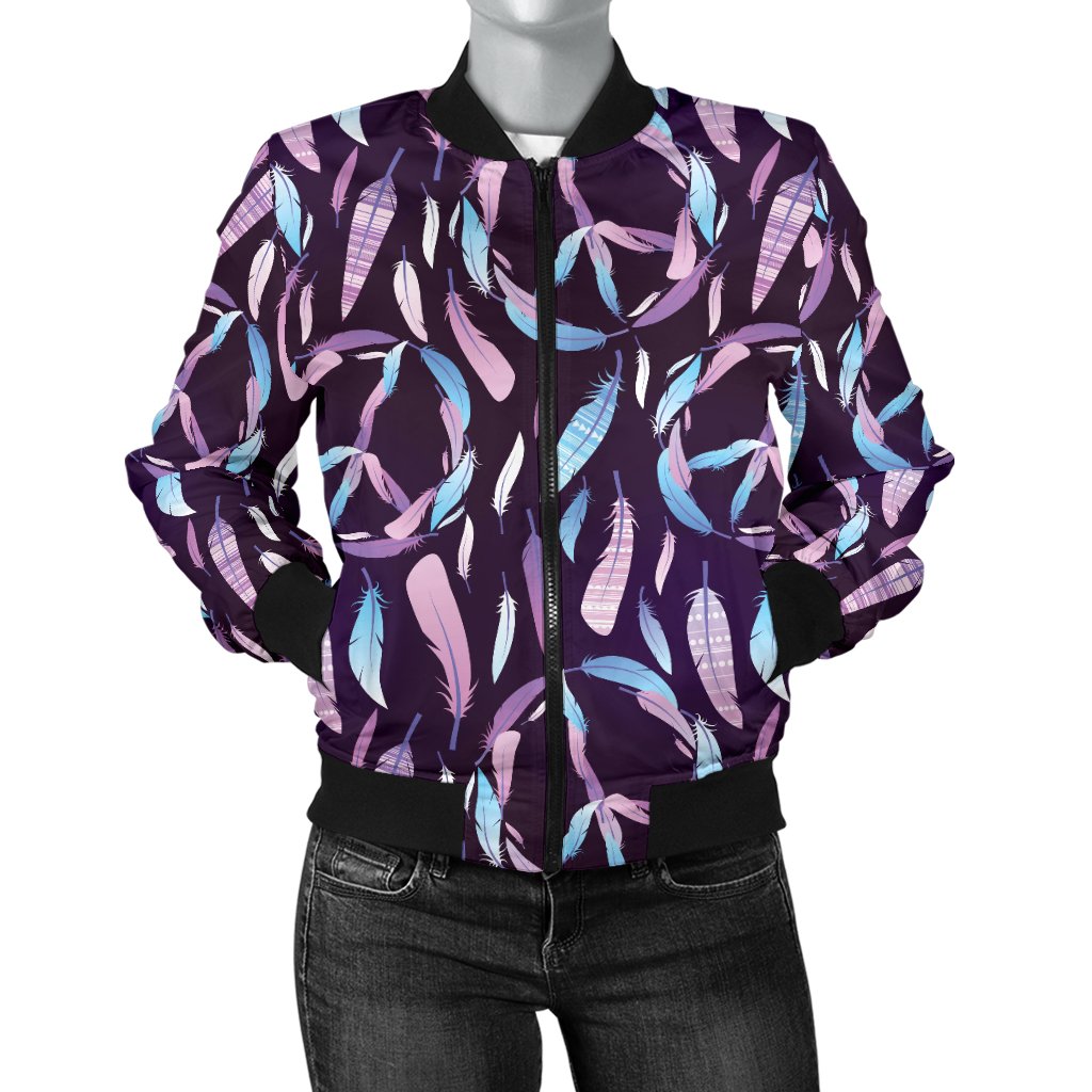 Peace Sign Feather Design Print Women Casual Bomber Jacket