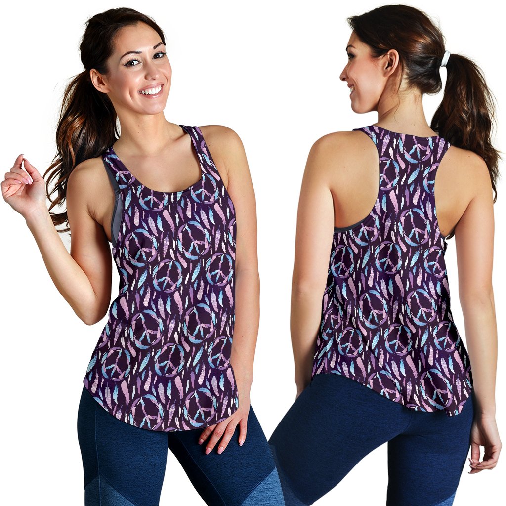Peace Sign Feather Design Print Women Racerback Tank Top