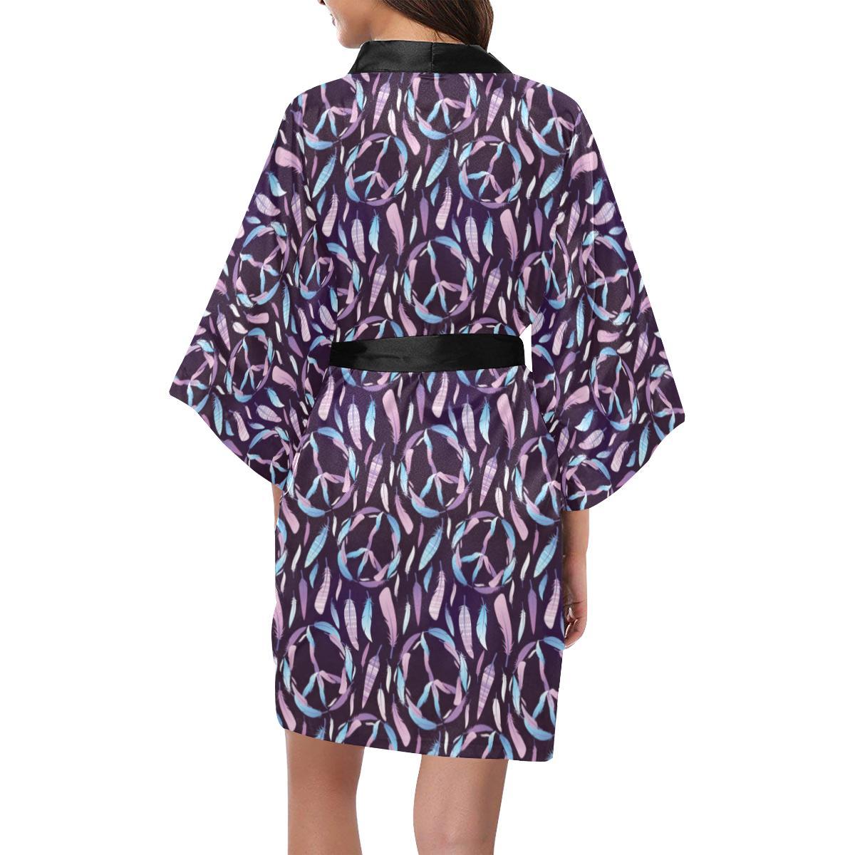 Peace Sign Feather Design Print Women Short Kimono Robe