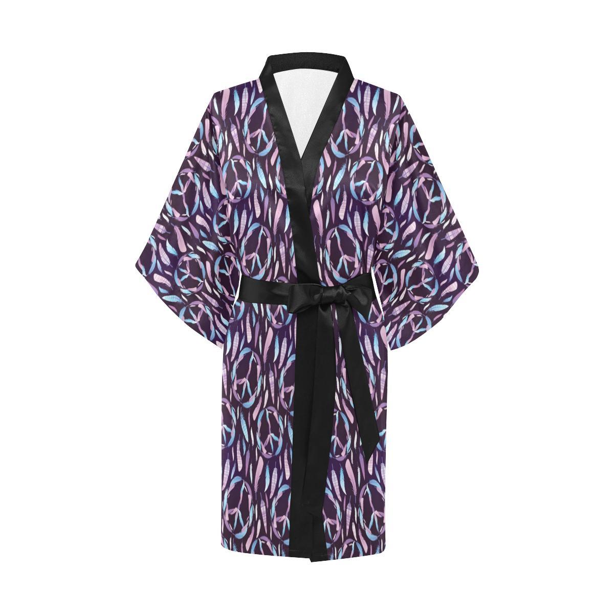Peace Sign Feather Design Print Women Short Kimono Robe