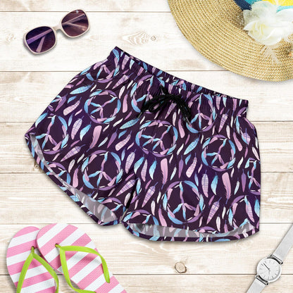 Peace Sign Feather Design Print Women Shorts-JTAMIGO.COM