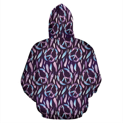 Peace Sign Feather Design Print Zip Up Hoodie