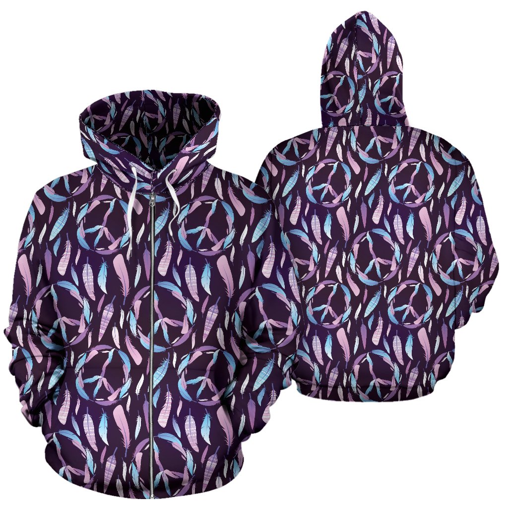 Peace Sign Feather Design Print Zip Up Hoodie