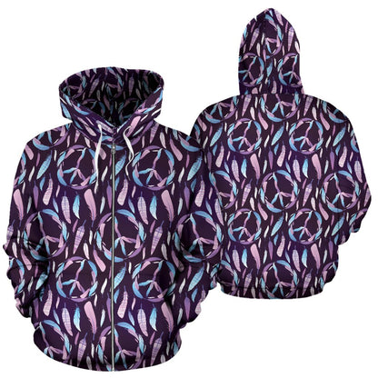 Peace Sign Feather Design Print Zip Up Hoodie