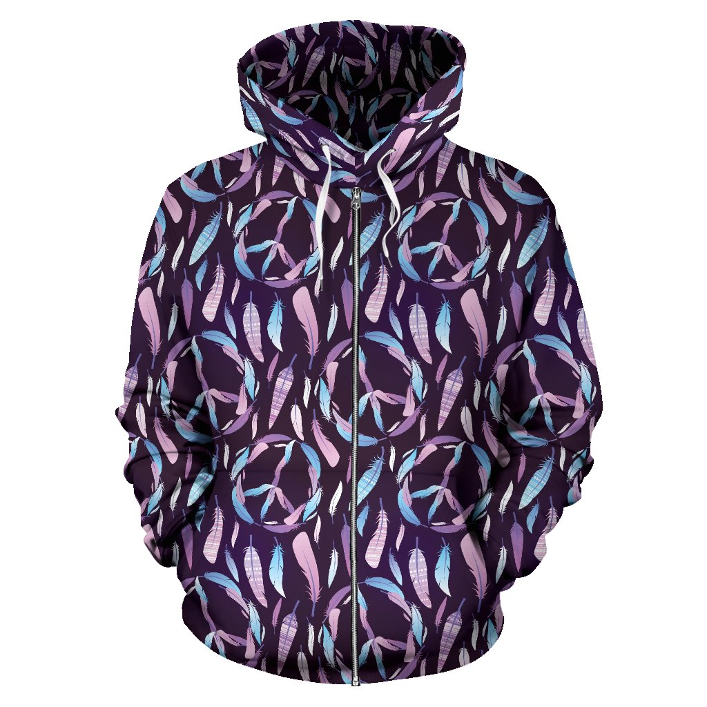 Peace Sign Feather Design Print Zip Up Hoodie