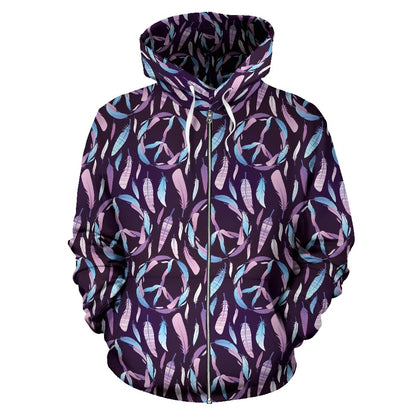 Peace Sign Feather Design Print Zip Up Hoodie