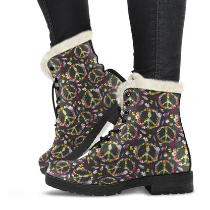 Peace Sign flowers Design Print Faux Fur Leather Boots-JTAMIGO.COM