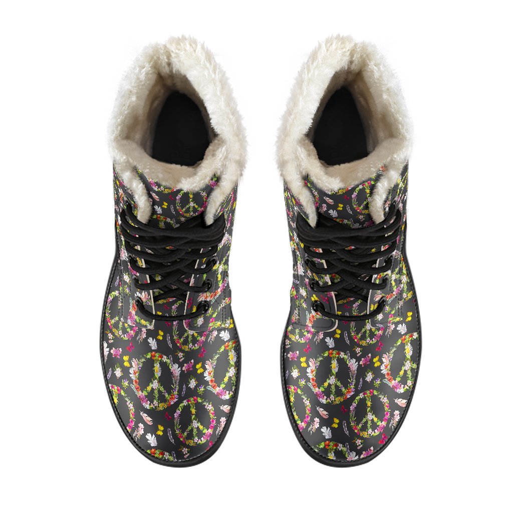 Peace Sign flowers Design Print Faux Fur Leather Boots-JTAMIGO.COM