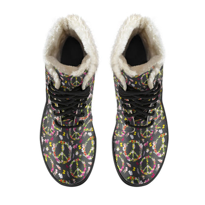 Peace Sign flowers Design Print Faux Fur Leather Boots-JTAMIGO.COM