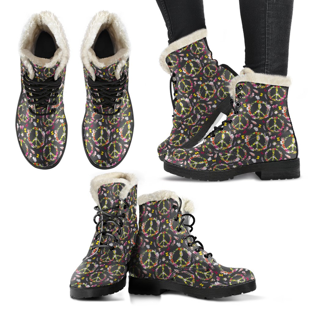 Peace Sign flowers Design Print Faux Fur Leather Boots-JTAMIGO.COM