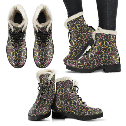 Peace Sign flowers Design Print Faux Fur Leather Boots-JTAMIGO.COM