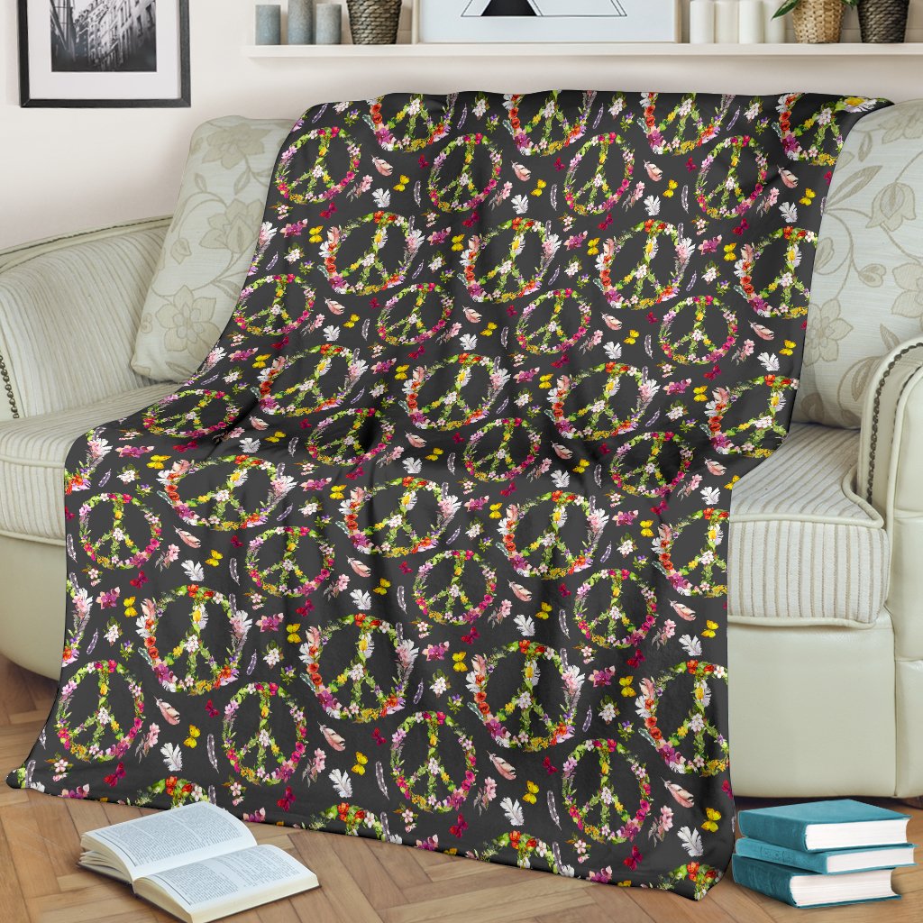 Peace Sign Flowers Design Print Fleece Blanket