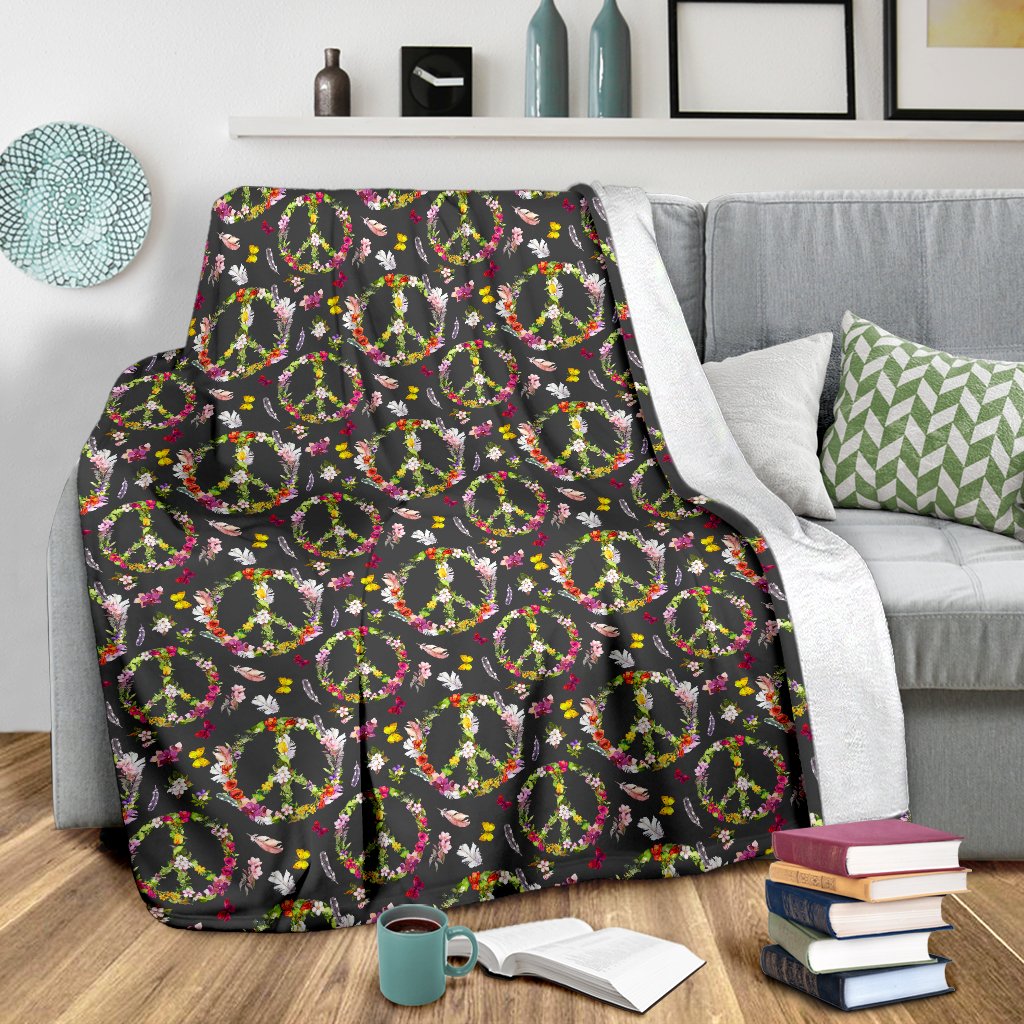 Peace Sign Flowers Design Print Fleece Blanket