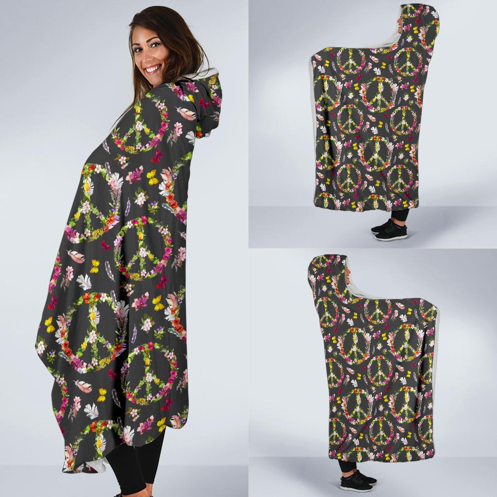 Peace Sign flowers Design Print Hooded Blanket-JTAMIGO.COM