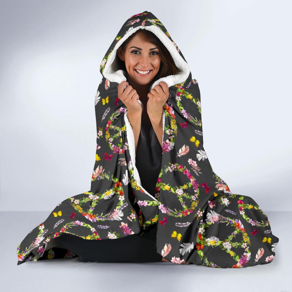 Peace Sign flowers Design Print Hooded Blanket-JTAMIGO.COM