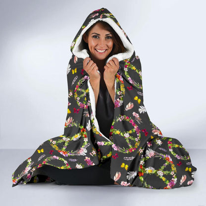 Peace Sign flowers Design Print Hooded Blanket-JTAMIGO.COM