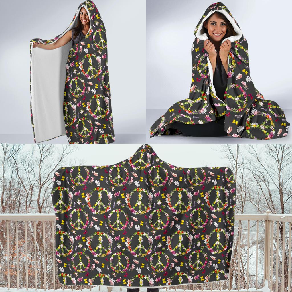 Peace Sign flowers Design Print Hooded Blanket-JTAMIGO.COM
