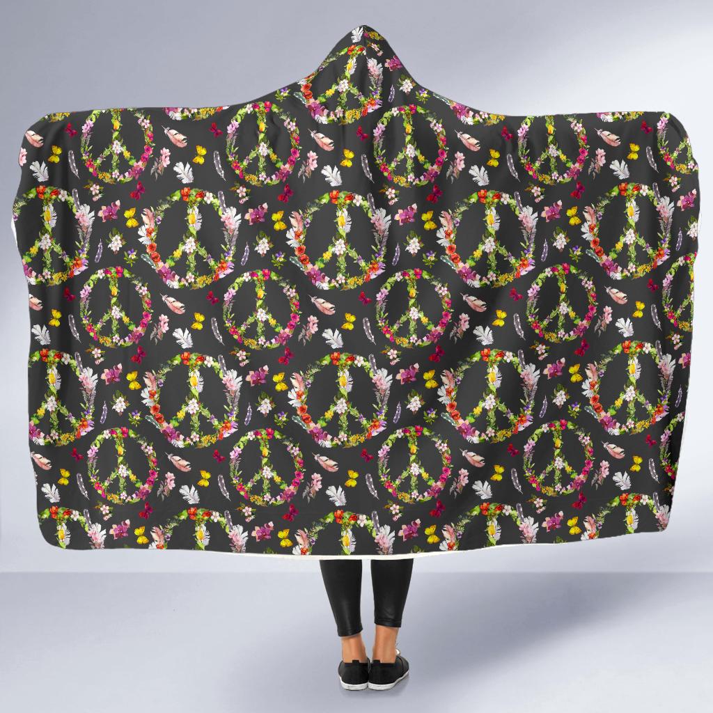 Peace Sign flowers Design Print Hooded Blanket-JTAMIGO.COM