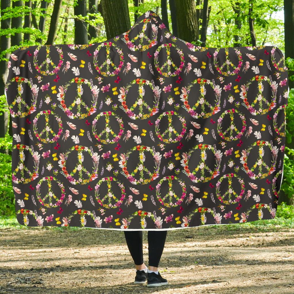 Peace Sign flowers Design Print Hooded Blanket-JTAMIGO.COM