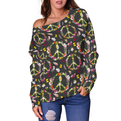 Peace Sign Flowers Design Print Off Shoulder Sweatshirt