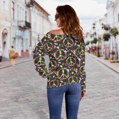 Peace Sign Flowers Design Print Off Shoulder Sweatshirt
