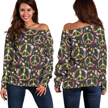 Peace Sign Flowers Design Print Off Shoulder Sweatshirt