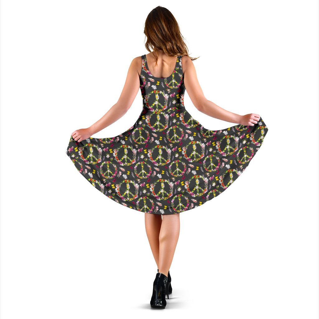Peace Sign Flowers Design Print Sleeveless Dress