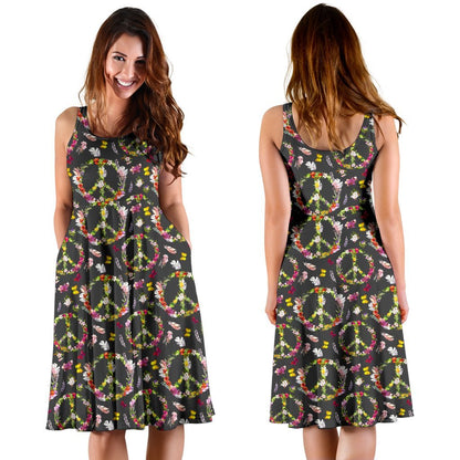 Peace Sign Flowers Design Print Sleeveless Dress