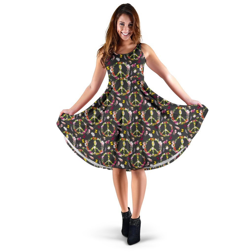 Peace Sign Flowers Design Print Sleeveless Dress